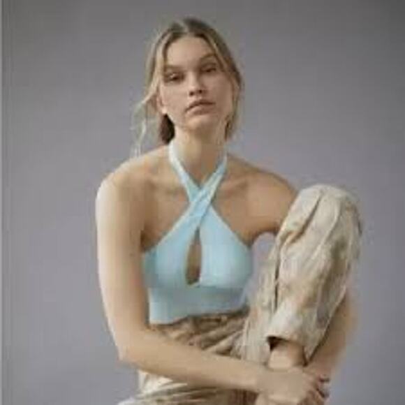URBAN OUTFITTERS Valeria Halter Crop Top Size Small S Tank Aqua Blue - Picture 2 of 5